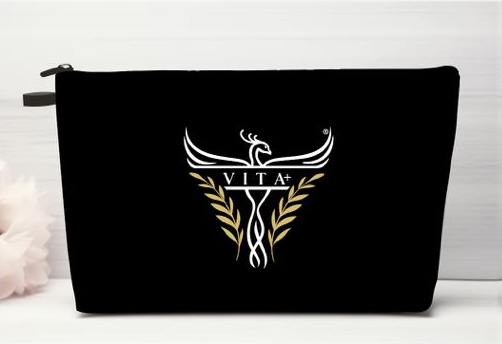 Pochette unisex VITA+ nera vista frontale con logo dorato